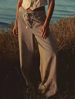 Clearance Women's Cotton Blend Denim Culottes Wide Leg Vacation Vintage Stylish Full Length Mid Waist Striped Patchwork Stripe Comfy Inelastic Outdoor Vacation Home Navy Earthy yellow Black Army Green Women Pants