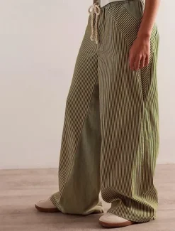 Clearance Women's Cotton Blend Denim Culottes Wide Leg Vacation Vintage Stylish Full Length Mid Waist Striped Patchwork Stripe Comfy Inelastic Outdoor Vacation Home Navy Earthy yellow Black Army Green Women Pants