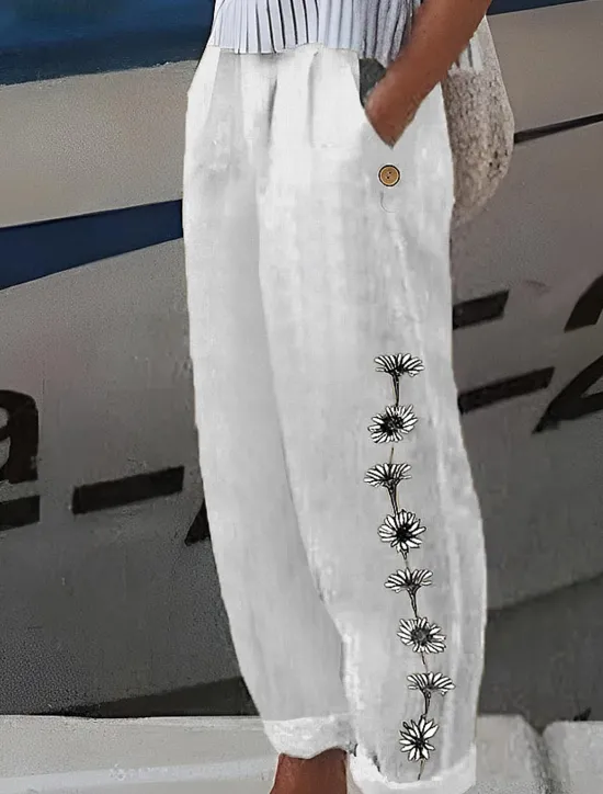 New Women's Cotton And Linen Loungewear Pants Nighty Trousers Flower Print Elastic Waist Comfort Home Street Summer Spring Black White Home Outfits Women Sleepwear