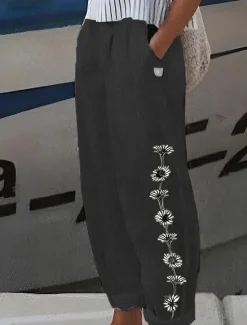 New Women's Cotton And Linen Loungewear Pants Nighty Trousers Flower Print Elastic Waist Comfort Home Street Summer Spring Black White Home Outfits Women Sleepwear