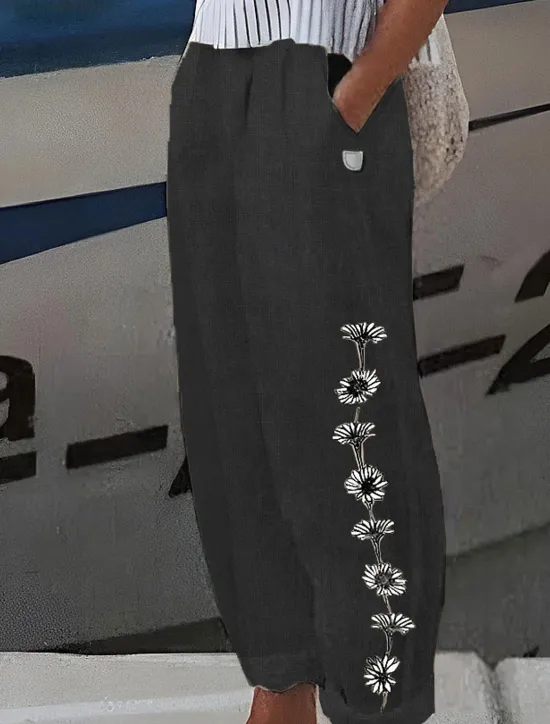 New Women's Cotton And Linen Loungewear Pants Nighty Trousers Flower Print Elastic Waist Comfort Home Street Summer Spring Black White Home Outfits Women Sleepwear
