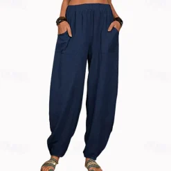 Online Women's Cotton And Linen Lounge Pants Solid Color Loose Casual Pants Home Street Daily Harem Trousers Women Pants