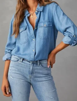 Clearance Women's Cotton Blend Denim Shirt Button Down Blouse Solid Color Vintage Tropical Daily Long Sleeve Shirt Button Down Blouse Collar Regular Tops Work Daily Holiday Light Blue Black Dark Blue Dark Gray Women Blouses & Shirts