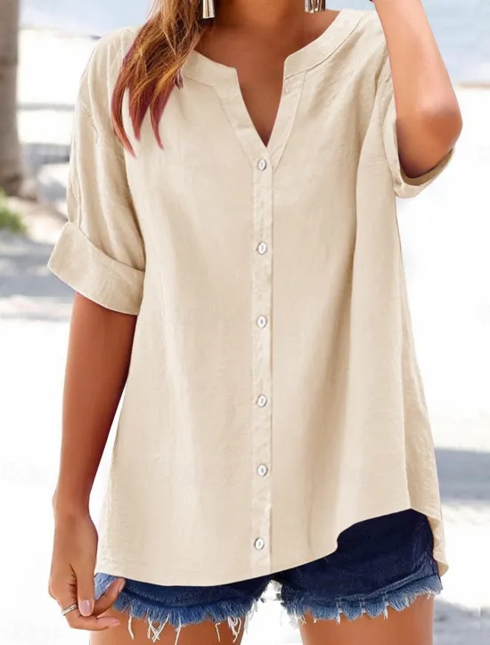 Sale Women's Cotton Blouse Solid Color Elegant Casual Short Sleeve V Neck Regular Tops Daily Holiday Buttons Black Blue Purple Green Beige Summer Spring Women Shirts