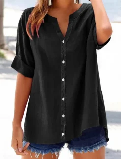 Sale Women's Cotton Blouse Solid Color Elegant Casual Short Sleeve V Neck Regular Tops Daily Holiday Buttons Black Blue Purple Green Beige Summer Spring Women Shirts