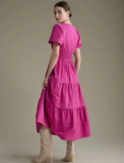 New Women's Cotton Burgundy Puffed Sleeve V Neck Maxi Dress Casual Dress Women Casual Dress