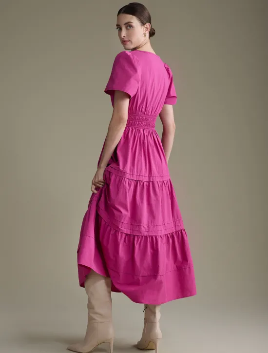 New Women's Cotton Burgundy Puffed Sleeve V Neck Maxi Dress Casual Dress Women Casual Dress