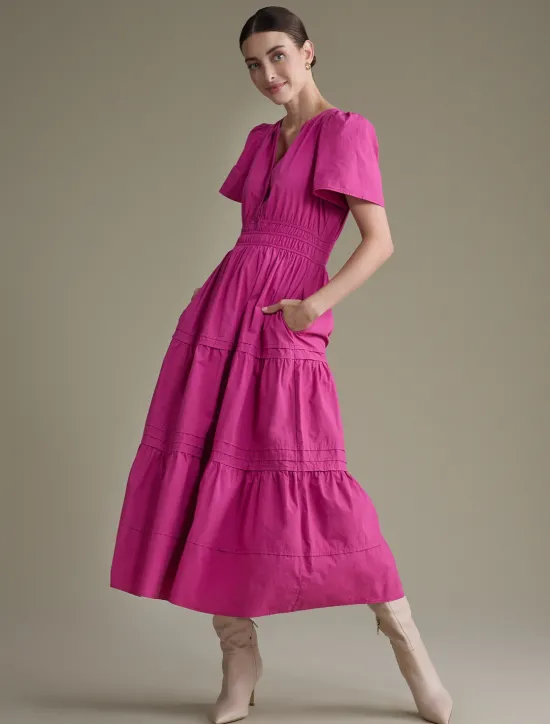 New Women's Cotton Burgundy Puffed Sleeve V Neck Maxi Dress Casual Dress Women Casual Dress