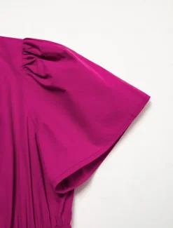 New Women's Cotton Burgundy Puffed Sleeve V Neck Maxi Dress Casual Dress Women Casual Dress