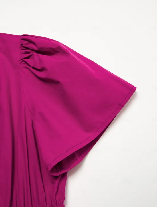 New Women's Cotton Burgundy Puffed Sleeve V Neck Maxi Dress Casual Dress Women Casual Dress