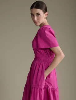 New Women's Cotton Burgundy Puffed Sleeve V Neck Maxi Dress Casual Dress Women Casual Dress