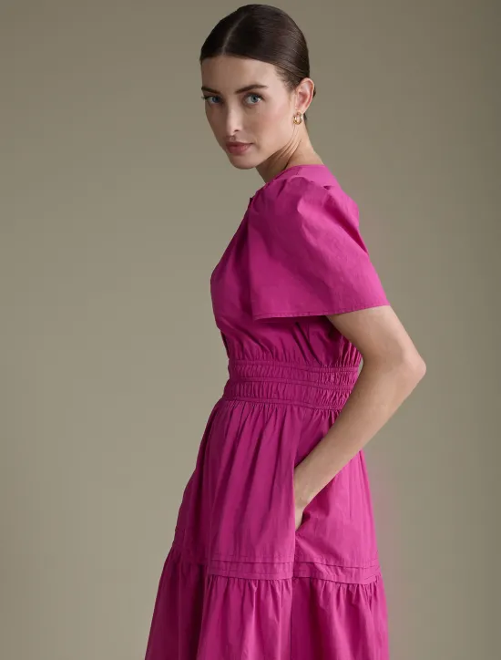 New Women's Cotton Burgundy Puffed Sleeve V Neck Maxi Dress Casual Dress Women Casual Dress