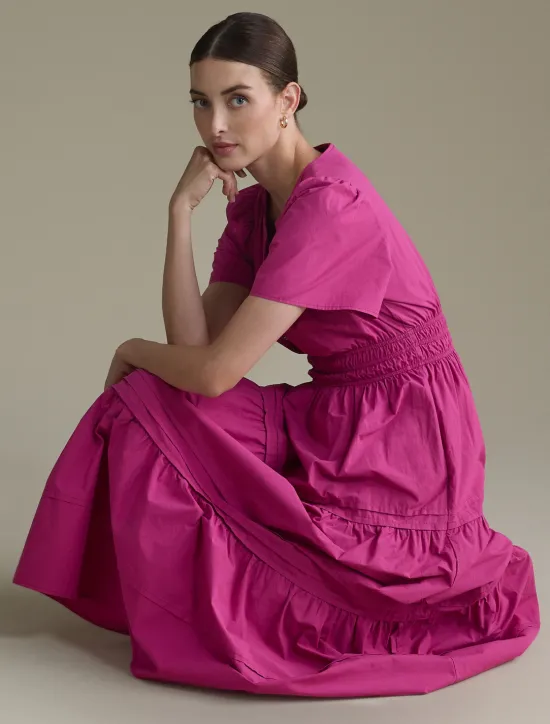New Women's Cotton Burgundy Puffed Sleeve V Neck Maxi Dress Casual Dress Women Casual Dress