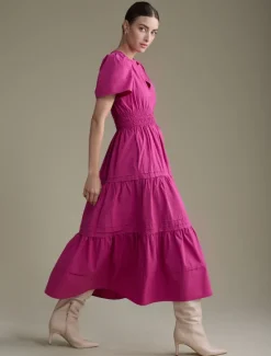 New Women's Cotton Burgundy Puffed Sleeve V Neck Maxi Dress Casual Dress Women Casual Dress