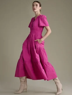 New Women's Cotton Burgundy Puffed Sleeve V Neck Maxi Dress Casual Dress Women Casual Dress