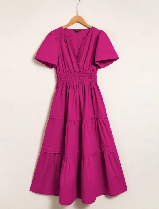 New Women's Cotton Burgundy Puffed Sleeve V Neck Maxi Dress Casual Dress Women Casual Dress