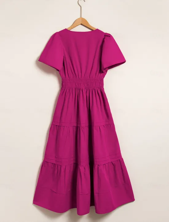 New Women's Cotton Burgundy Puffed Sleeve V Neck Maxi Dress Casual Dress Women Casual Dress