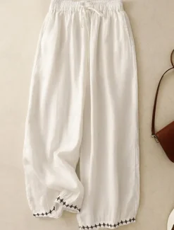 Clearance Women's Cotton Chinos Vintage Basic Full Length High Waist Plain Pocket Drawstring Comfort Outdoor Stretchy Vacation Street Causal White Yellow Khaki Beige Summer Spring Fall Loose Fit Women Pants