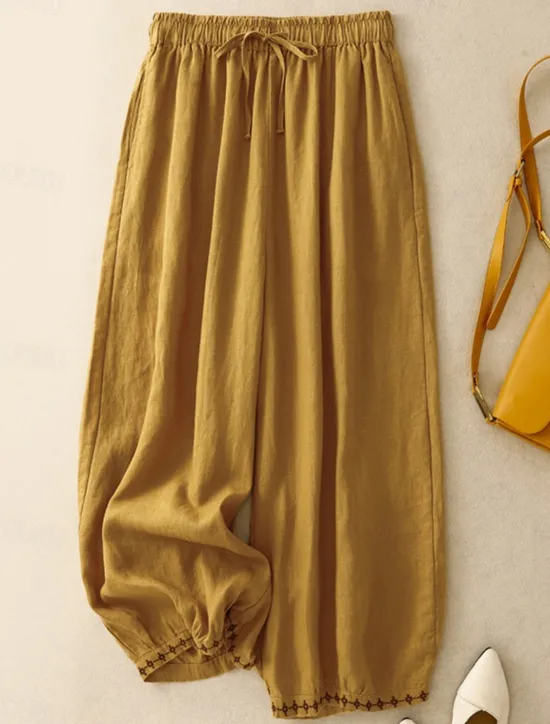 Clearance Women's Cotton Chinos Vintage Basic Full Length High Waist Plain Pocket Drawstring Comfort Outdoor Stretchy Vacation Street Causal White Yellow Khaki Beige Summer Spring Fall Loose Fit Women Pants