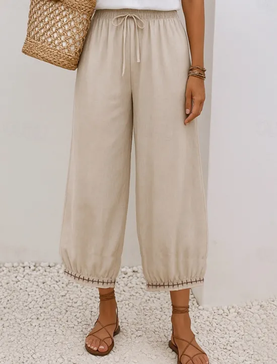 Clearance Women's Cotton Chinos Vintage Basic Full Length High Waist Plain Pocket Drawstring Comfort Outdoor Stretchy Vacation Street Causal White Yellow Khaki Beige Summer Spring Fall Loose Fit Women Pants