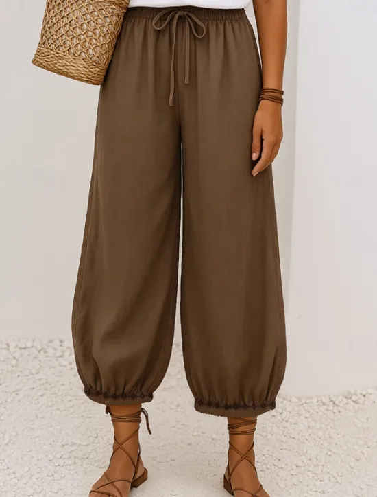 Clearance Women's Cotton Chinos Vintage Basic Full Length High Waist Plain Pocket Drawstring Comfort Outdoor Stretchy Vacation Street Causal White Yellow Khaki Beige Summer Spring Fall Loose Fit Women Pants