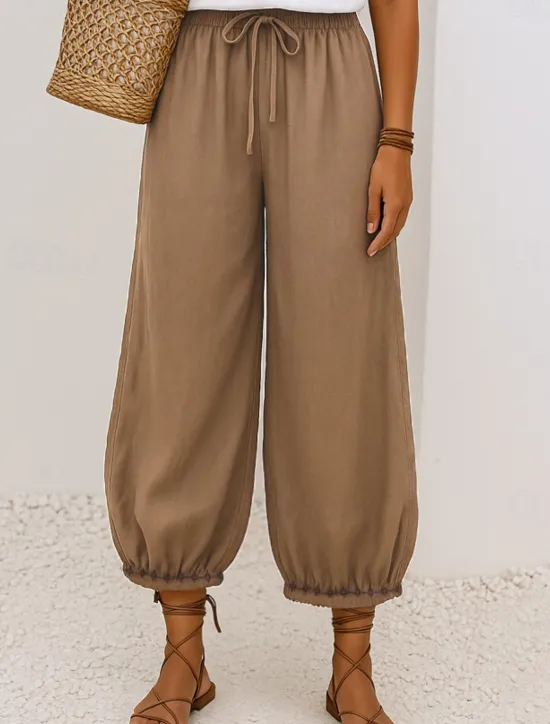 Clearance Women's Cotton Chinos Vintage Basic Full Length High Waist Plain Pocket Drawstring Comfort Outdoor Stretchy Vacation Street Causal White Yellow Khaki Beige Summer Spring Fall Loose Fit Women Pants
