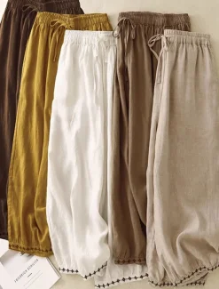 Clearance Women's Cotton Chinos Vintage Basic Full Length High Waist Plain Pocket Drawstring Comfort Outdoor Stretchy Vacation Street Causal White Yellow Khaki Beige Summer Spring Fall Loose Fit Women Pants