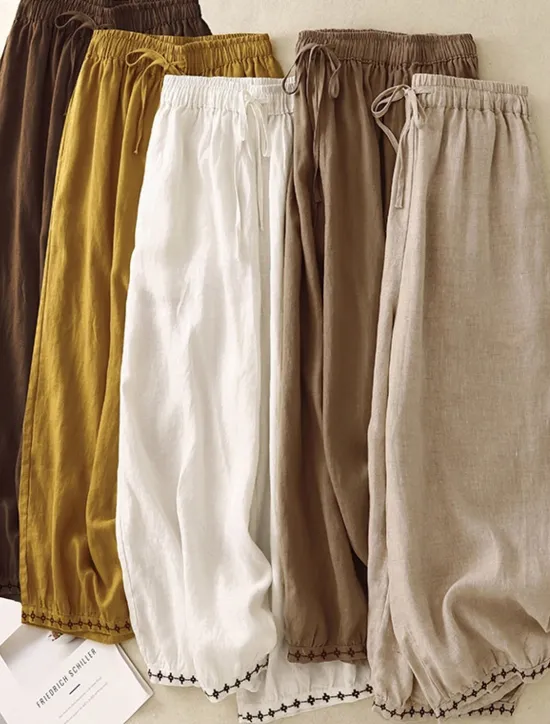 Clearance Women's Cotton Chinos Vintage Basic Full Length High Waist Plain Pocket Drawstring Comfort Outdoor Stretchy Vacation Street Causal White Yellow Khaki Beige Summer Spring Fall Loose Fit Women Pants