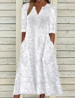 Best Women's Cotton Dress Sundress Floral Midi Dress V-Neck Elegant Empire Waist Short Sleeve Ruched Pocket Summer Spring 2024 Blue Green Women White Dresses