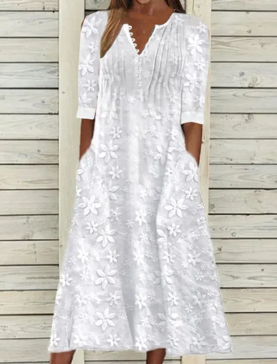Best Women's Cotton Dress Sundress Floral Midi Dress V-Neck Elegant Empire Waist Short Sleeve Ruched Pocket Summer Spring 2024 Blue Green Women White Dresses
