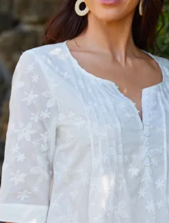 Best Women's Cotton Dress Sundress Floral Midi Dress V-Neck Elegant Empire Waist Short Sleeve Ruched Pocket Summer Spring 2024 Blue Green Women White Dresses