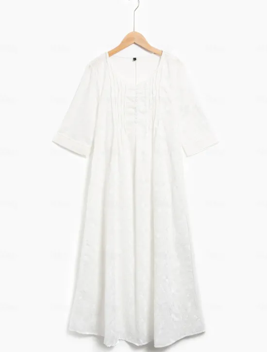 Best Women's Cotton Dress Sundress Floral Midi Dress V-Neck Elegant Empire Waist Short Sleeve Ruched Pocket Summer Spring 2024 Blue Green Women White Dresses
