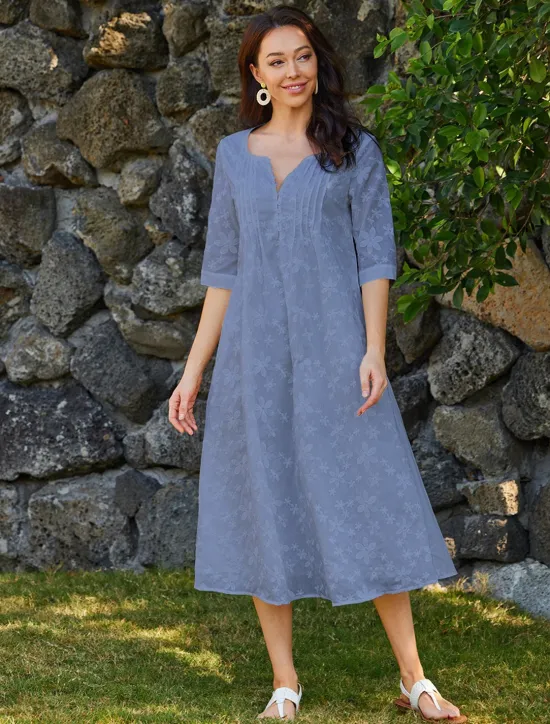 Best Women's Cotton Dress Sundress Floral Midi Dress V-Neck Elegant Empire Waist Short Sleeve Ruched Pocket Summer Spring 2024 Blue Green Women White Dresses