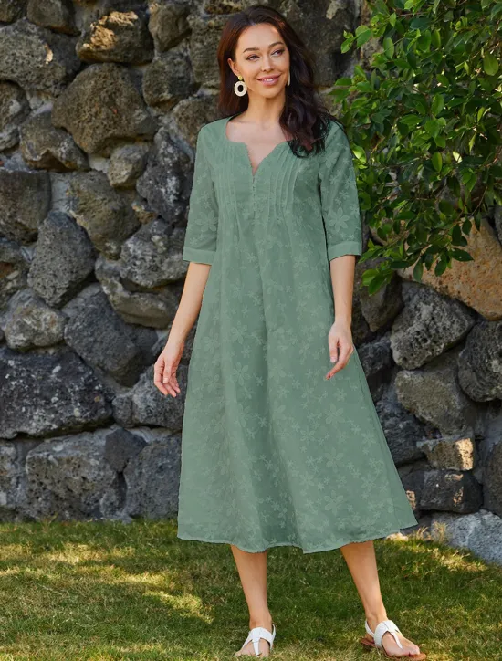 Best Women's Cotton Dress Sundress Floral Midi Dress V-Neck Elegant Empire Waist Short Sleeve Ruched Pocket Summer Spring 2024 Blue Green Women White Dresses