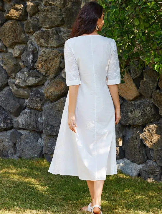 Best Women's Cotton Dress Sundress Floral Midi Dress V-Neck Elegant Empire Waist Short Sleeve Ruched Pocket Summer Spring 2024 Blue Green Women White Dresses