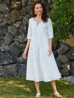 Best Women's Cotton Dress Sundress Floral Midi Dress V-Neck Elegant Empire Waist Short Sleeve Ruched Pocket Summer Spring 2024 Blue Green Women White Dresses