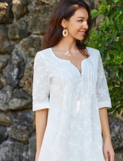 Best Women's Cotton Dress Sundress Floral Midi Dress V-Neck Elegant Empire Waist Short Sleeve Ruched Pocket Summer Spring 2024 Blue Green Women White Dresses