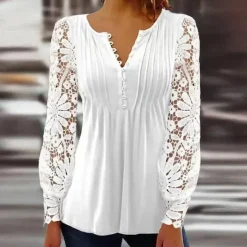 Discount Women's Cotton Lace Shirt Blouse Dressy Tops Elegant Fashion Basic Solid Color Pleated Patchwork Long Sleeve Regular Tops Notched Neck Casual Daily White Red Spring Fall Women Lace Tops