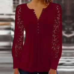 Discount Women's Cotton Lace Shirt Blouse Dressy Tops Elegant Fashion Basic Solid Color Pleated Patchwork Long Sleeve Regular Tops Notched Neck Casual Daily White Red Spring Fall Women Lace Tops
