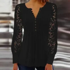Discount Women's Cotton Lace Shirt Blouse Dressy Tops Elegant Fashion Basic Solid Color Pleated Patchwork Long Sleeve Regular Tops Notched Neck Casual Daily White Red Spring Fall Women Lace Tops