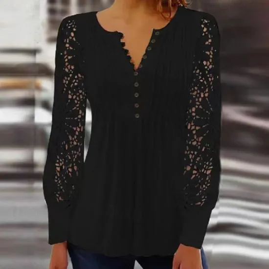 Discount Women's Cotton Lace Shirt Blouse Dressy Tops Elegant Fashion Basic Solid Color Pleated Patchwork Long Sleeve Regular Tops Notched Neck Casual Daily White Red Spring Fall Women Lace Tops