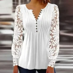 Discount Women's Cotton Lace Shirt Blouse Dressy Tops Elegant Fashion Basic Solid Color Pleated Patchwork Long Sleeve Regular Tops Notched Neck Casual Daily White Red Spring Fall Women Lace Tops