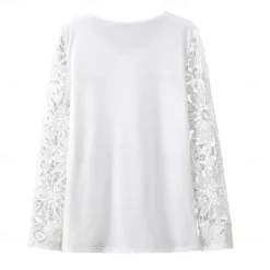 Discount Women's Cotton Lace Shirt Blouse Dressy Tops Elegant Fashion Basic Solid Color Pleated Patchwork Long Sleeve Regular Tops Notched Neck Casual Daily White Red Spring Fall Women Lace Tops