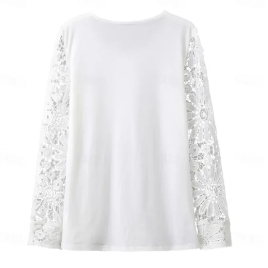 Discount Women's Cotton Lace Shirt Blouse Dressy Tops Elegant Fashion Basic Solid Color Pleated Patchwork Long Sleeve Regular Tops Notched Neck Casual Daily White Red Spring Fall Women Lace Tops