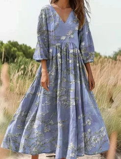 Women's Cotton Linen Maxi Dress Sundress Pleated Dress Vacation Casual Boho Going out Beach Loose Fit 3/4 Length Sleeve V Neck Pink Blue Orange Women Floral Dresses