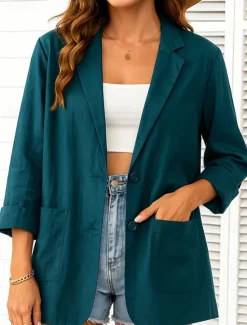 New Women's Cotton Linen Blazer Comfortable Breathable Pocket Casual Plain Office Street Casual Daily Wear Single Breasted Regular Turndown Regular Fit Long Sleeve Outerwear White Green Beige Summer Women Shirts|Blazers & Suits
