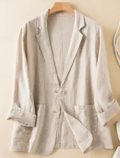 New Women's Cotton Linen Blazer Comfortable Breathable Pocket Casual Plain Office Street Casual Daily Wear Single Breasted Regular Turndown Regular Fit Long Sleeve Outerwear White Green Beige Summer Women Shirts|Blazers & Suits