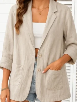 New Women's Cotton Linen Blazer Comfortable Breathable Pocket Casual Plain Office Street Casual Daily Wear Single Breasted Regular Turndown Regular Fit Long Sleeve Outerwear White Green Beige Summer Women Shirts|Blazers & Suits