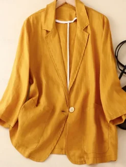 Hot Women's Cotton Linen Blazer Comfortable Breathable Pocket Buttons Vintage Casual Plain Office Street Casual Daily Wear Single Breasted Regular Turndown Regular Fit Long Sleeve Outerwear Black Women Blazers & Suits