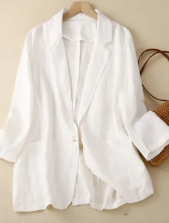 Hot Women's Cotton Linen Blazer Comfortable Breathable Pocket Buttons Vintage Casual Plain Office Street Casual Daily Wear Single Breasted Regular Turndown Regular Fit Long Sleeve Outerwear Black Women Blazers & Suits